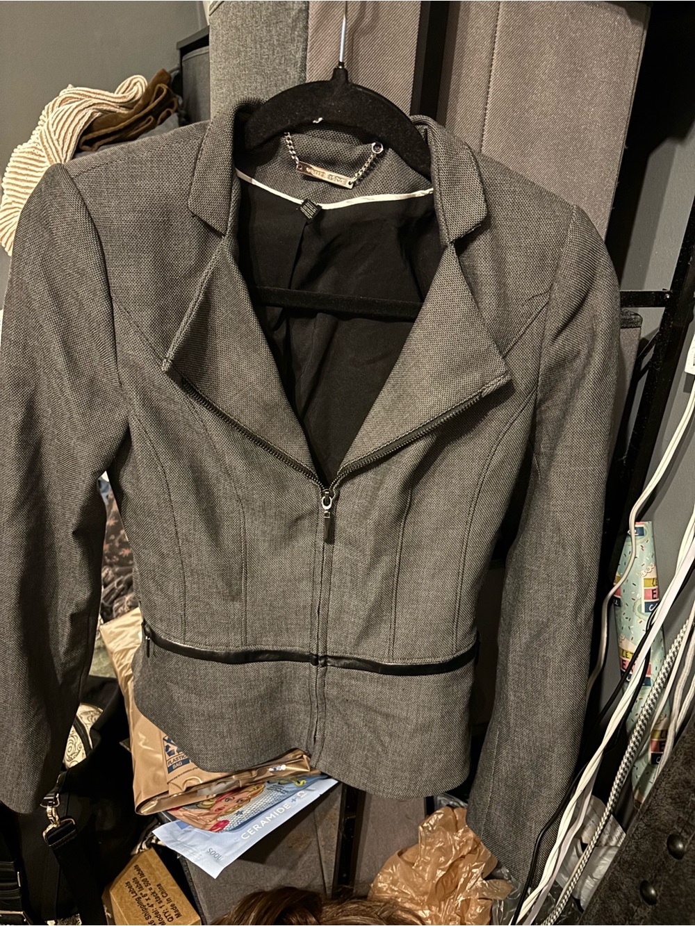 White House Black Market Gray Zip-Front Tailored Blazer